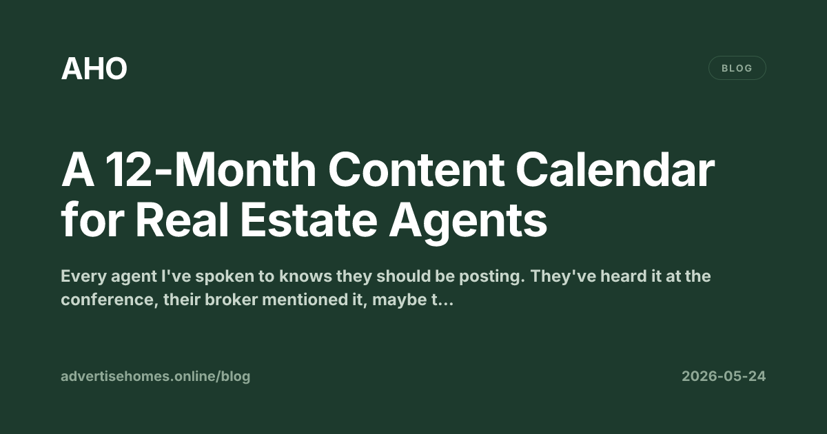 A real estate agent's desk with a content calendar, sticky notes by month, and a laptop showing social media drafts