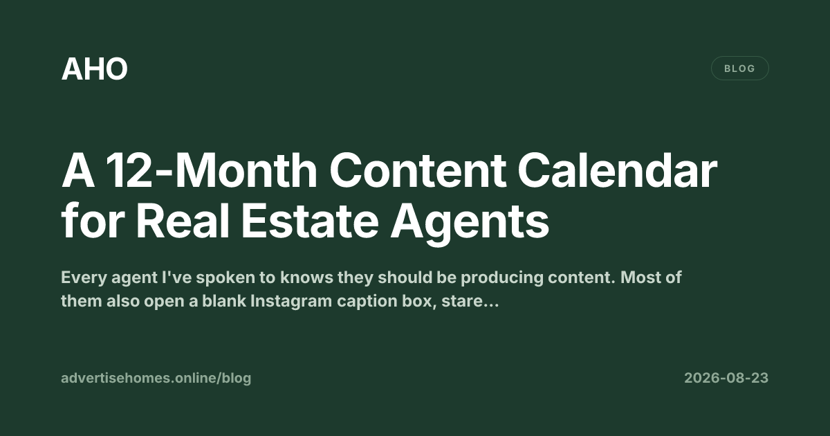 A real estate agent's content calendar spread across twelve months, showing post ideas, platform icons, and a seasonal planning grid