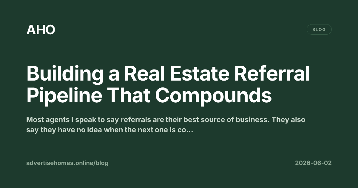 A real estate agent reviewing a structured referral pipeline on a laptop, with a CRM database open showing tagged contacts and follow-up reminders