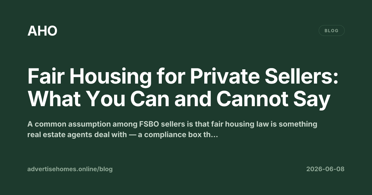 Private seller reviewing a property listing on a laptop, with a checklist of fair housing guidelines beside them