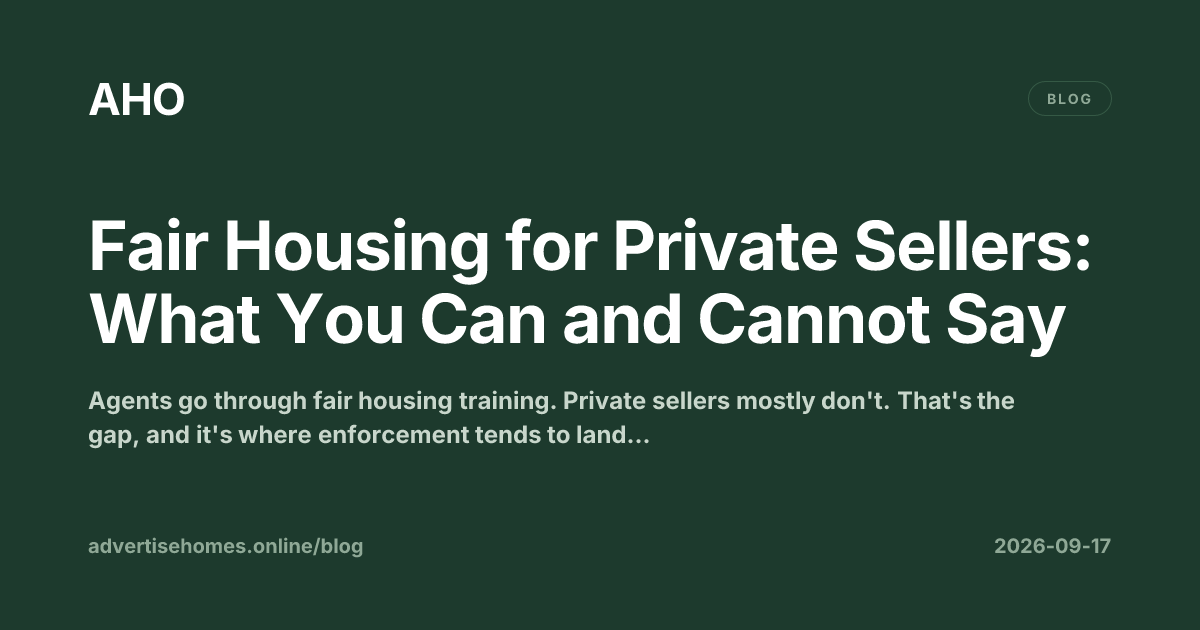 Private seller reviewing a property listing on a laptop, with a checklist of fair housing rules beside them