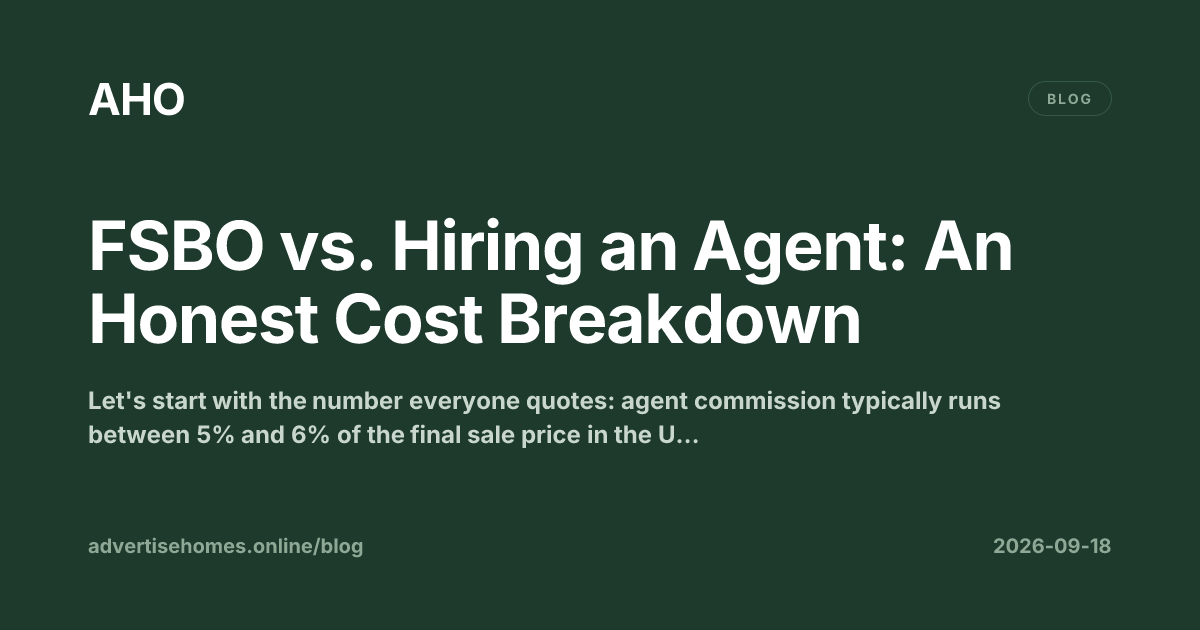 A split-scene illustration comparing a homeowner selling privately with a for-sale sign against an estate agent handing over keys, representing the FSBO vs. agent cost debate