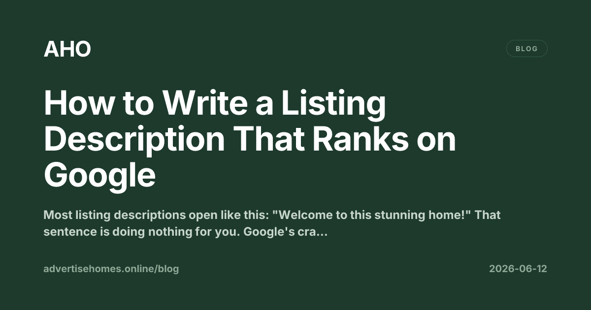 Real estate agent writing an SEO-optimised property listing description on a laptop, with a house photo on screen