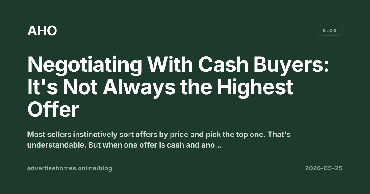 Seller reviewing two property offers side by side — a cash offer and a financed offer — at a kitchen table
