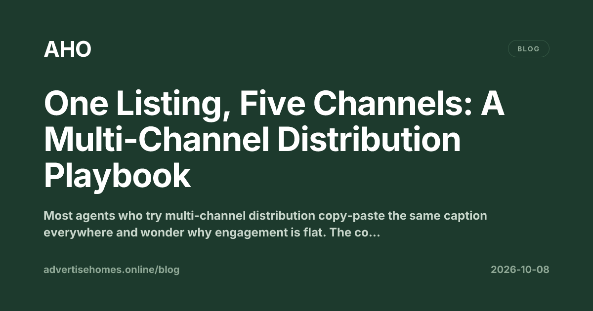A single property listing displayed across five social media and web channels simultaneously, showing platform-specific content formats